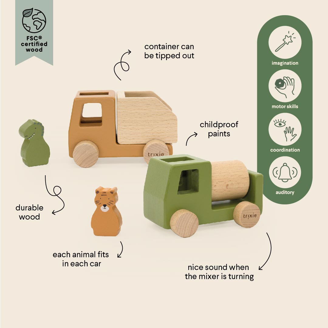 Jeu de voitures de chantier animaux en bois